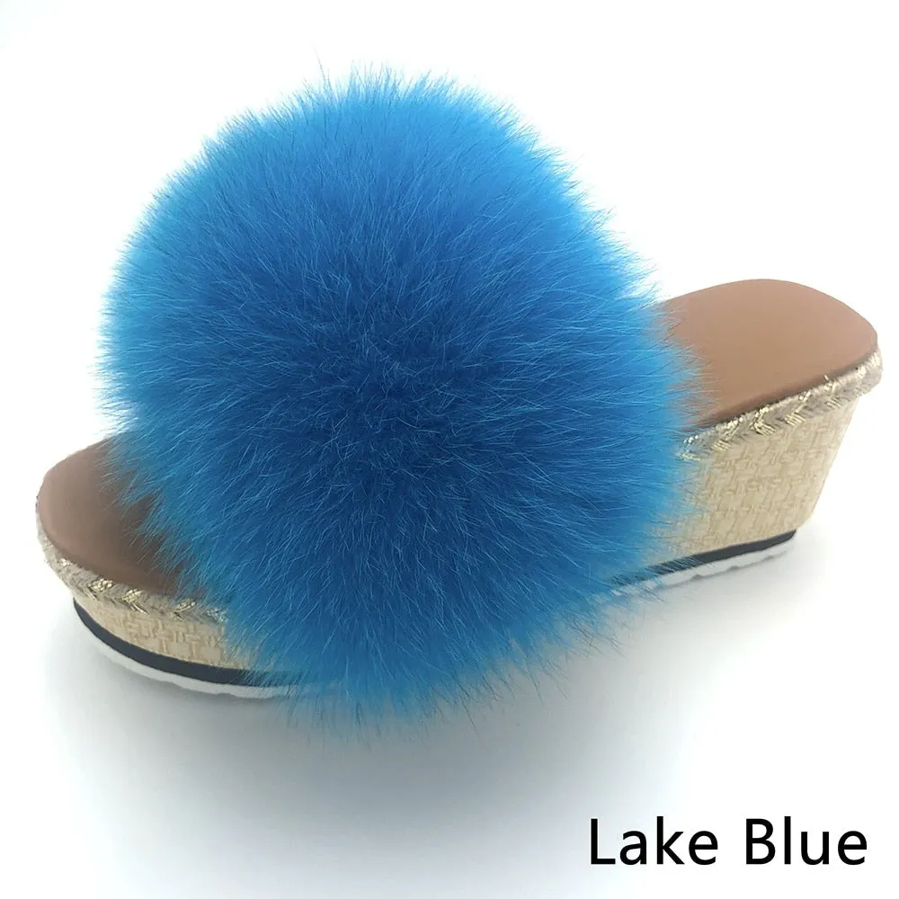 Women's Luxury Lake Blue Color Real Fox Fur Wedges House Slippers