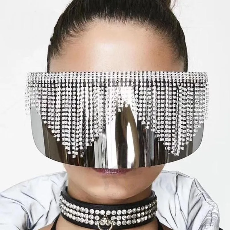 Women's New Rhinestone Oversized Big Frame Mask Mirror Sunglasses