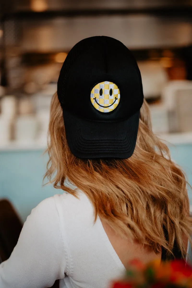 Yellow Checkered Happy Face Foam Trucker Hat