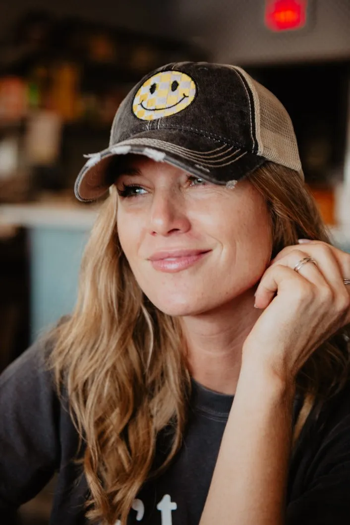 Yellow Checkered Happy Face Trucker Hat